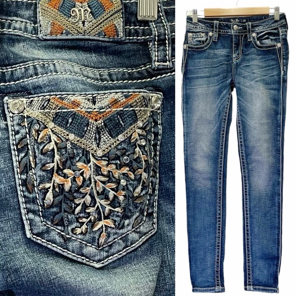 Miss Me Y2K Hailey Skinny Boho Embroidered Rhinestone Dark Wash Jeans Size 25